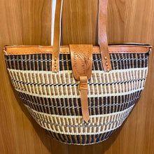 Load image into Gallery viewer, Kenyan Handwoven Kiondo style shoulder bag with leather straps
