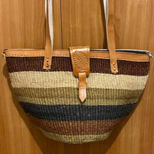 Load image into Gallery viewer, Kenyan Handwoven Kiondo style shoulder bag with leather straps