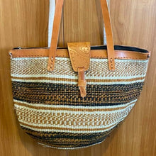 Load image into Gallery viewer, Kenyan Handwoven Kiondo style shoulder bag with leather straps