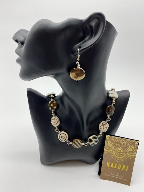 Kazuri Beads Gold Zebra Necklace and Earrings set