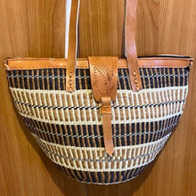 Load image into Gallery viewer, Kenyan Handwoven Kiondo style shoulder bag with leather straps
