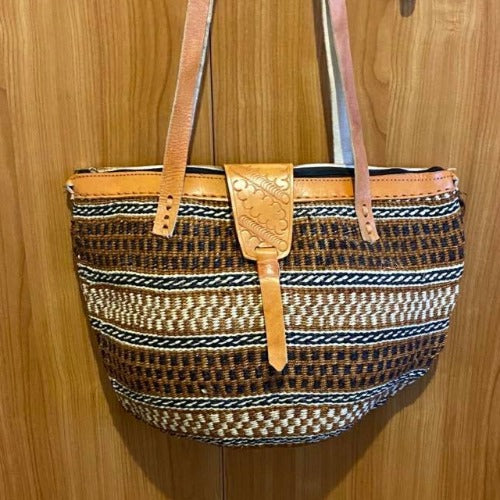 Kenyan Handwoven Kiondo style shoulder bag with leather straps